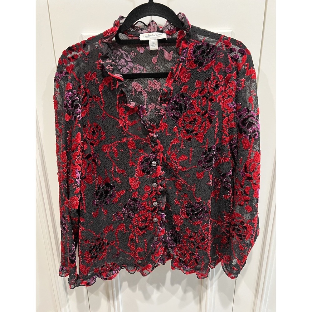 Coldwater Creek Burnout Velvet Floral Button Up Shirt Fairy Whimsigoth Romantic